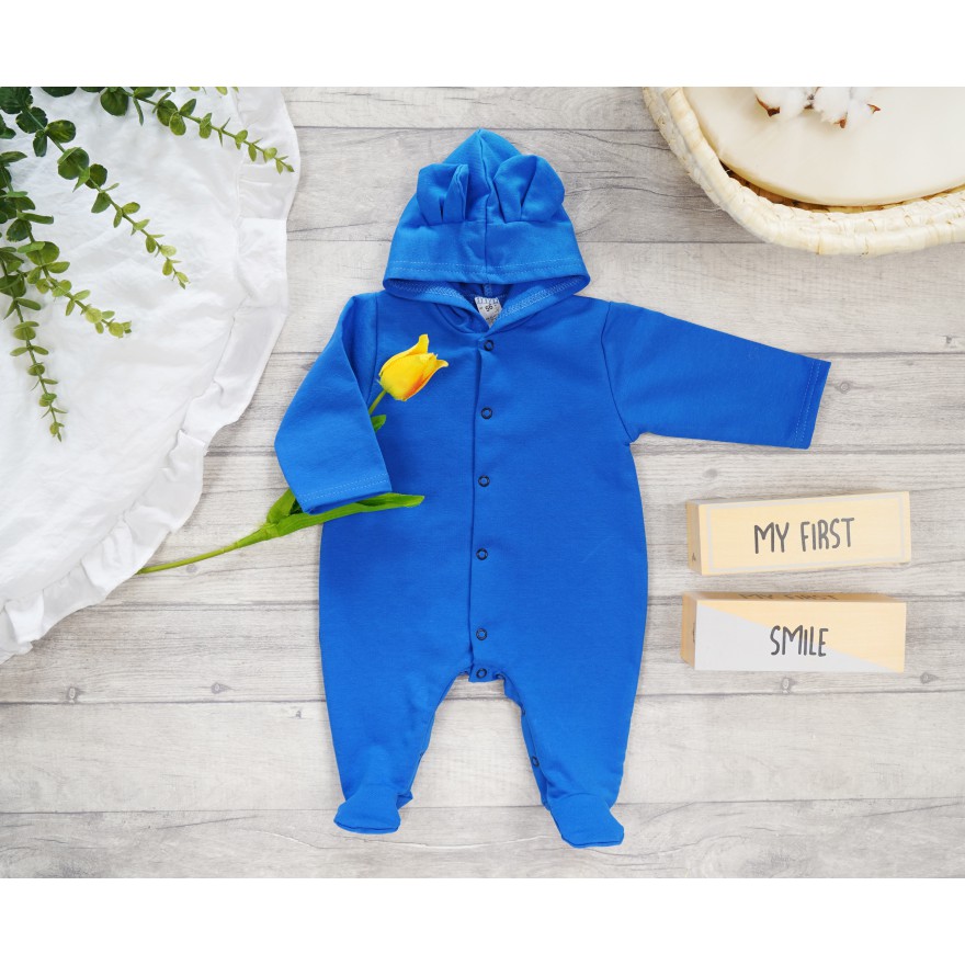 Niebieski KOMBINEZON niemowlęcy dresówka pajac z uszkami wiosna lato