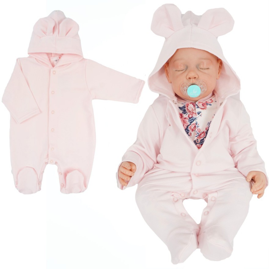 Jasny różowy KOMBINEZON niemowlęcy dresówka pajac z uszkami wiosna lato