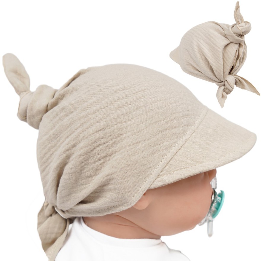 Czapka CHUSTA muślinowa beżowa z daszkiem wiązana LATO