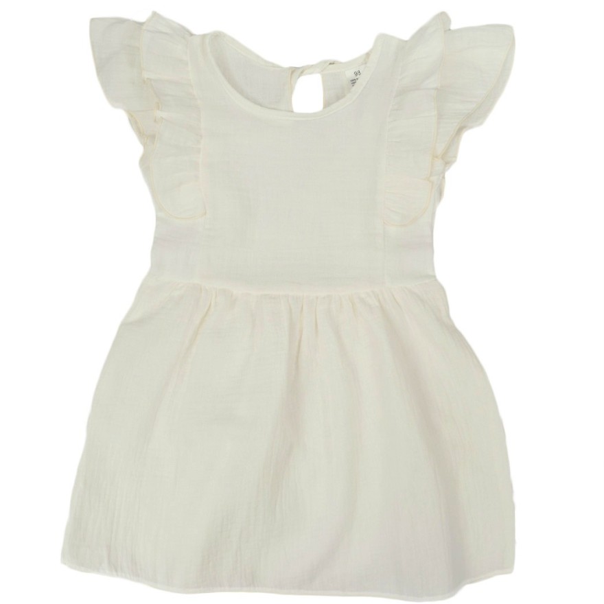 Śmietankowa SUKIENKA MUŚLINOWA krótki rękaw z falbanką