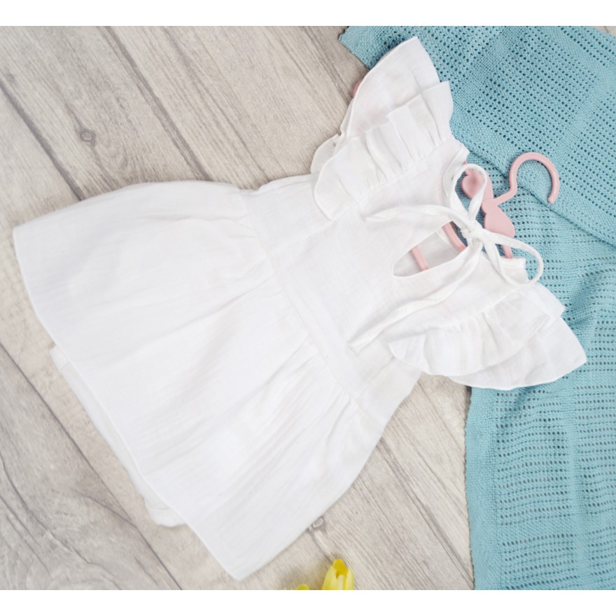 BODY SUKIENKA białe MUŚLIN z ozdobnym krótkim rękawem