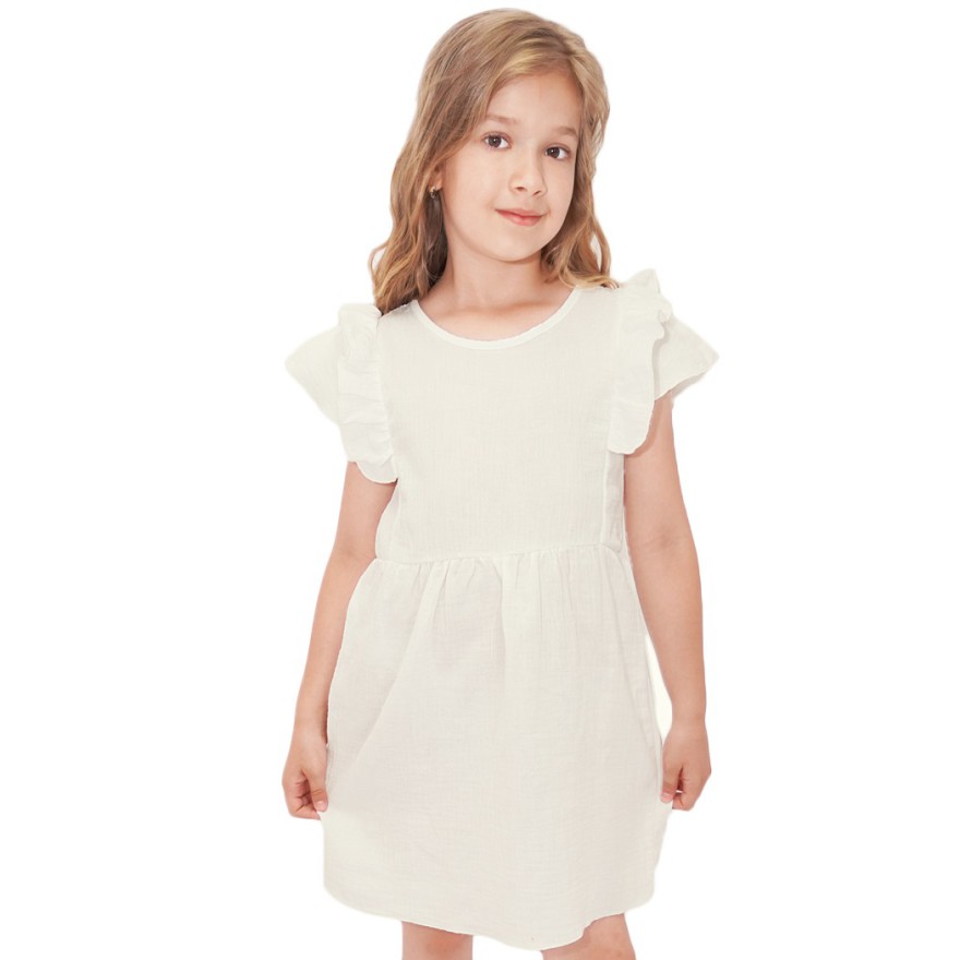 Śmietankowa SUKIENKA MUŚLINOWA krótki rękaw z falbanką