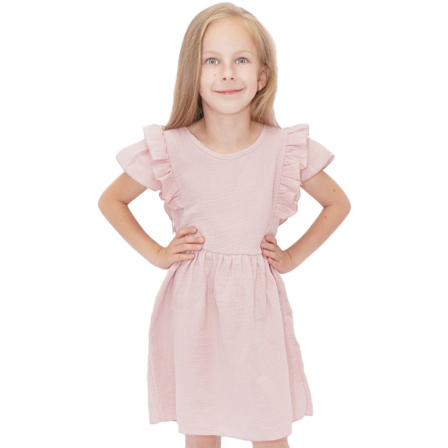 Różowa SUKIENKA MUŚLINOWA krótki rękaw z falbanką