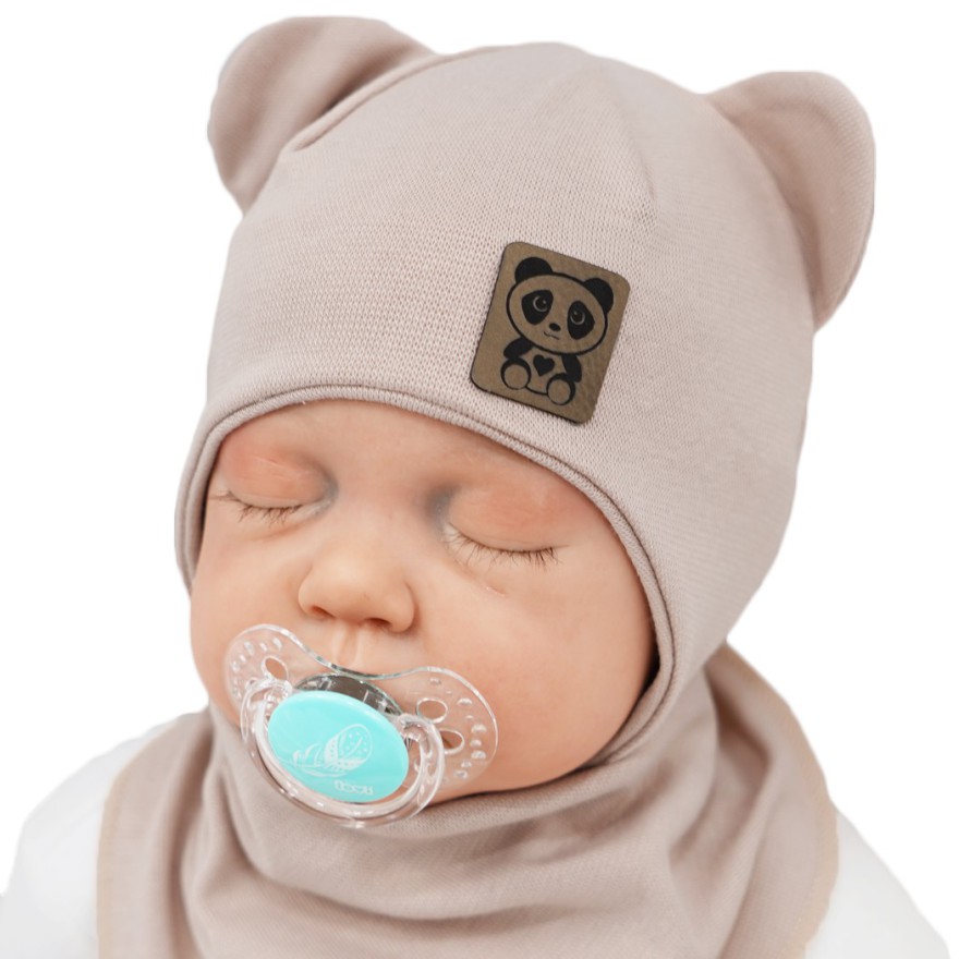 Beżowy komplet PANDA czapka + apaszka wiosna/jesień