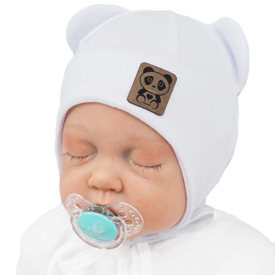 Biała CZAPKA wiązana PANDA wiosna/jesień Chrzest