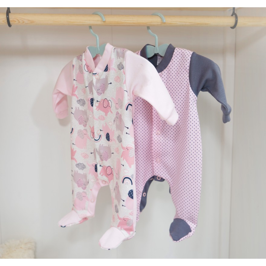 WCZEŚNIAK 2pak pajac pajacyk bawełniany różowy w kropki i słoniki