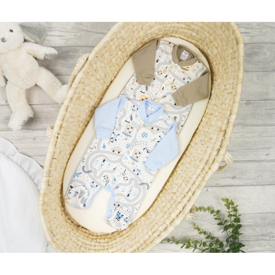 2pak PAJAC pajacyk bawełniany niebiesko- beżowy z historyjką