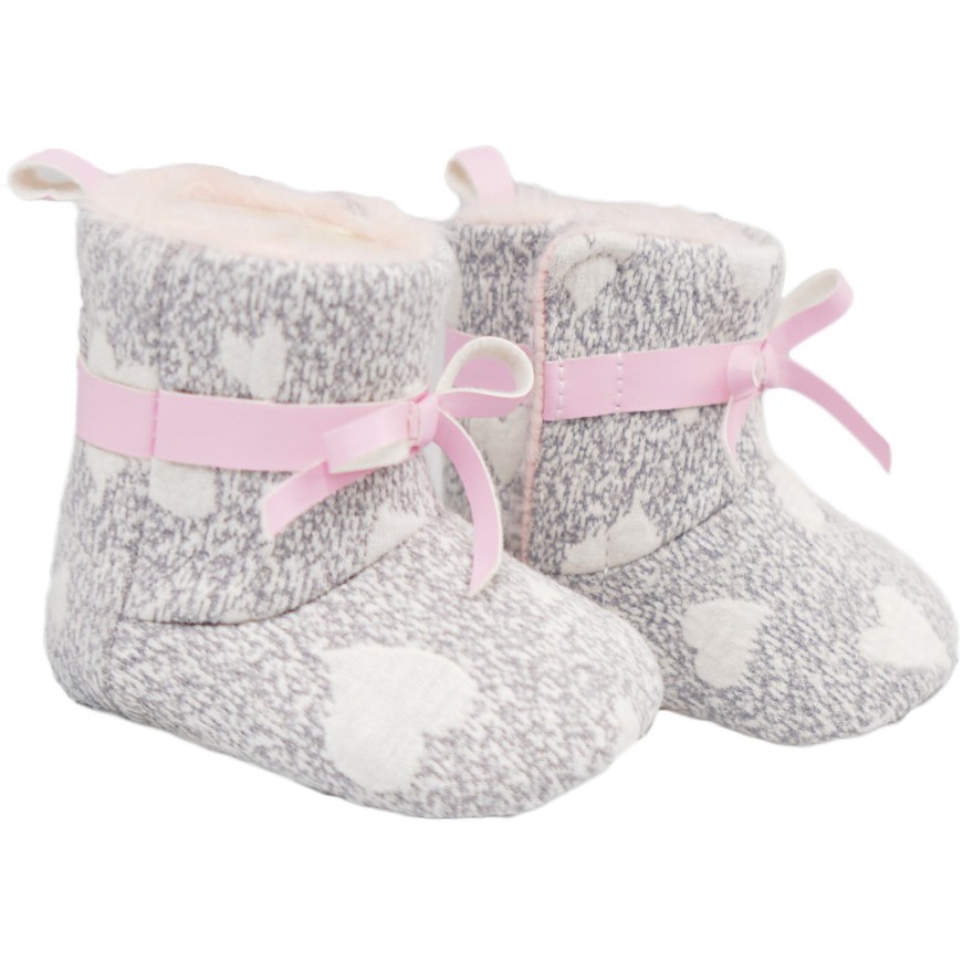 Szare buty NIECHODKI w serca z kokardą i futerkiem BUCIKI dziewczęce