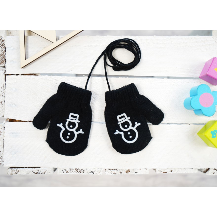 Czarne RĘKAWICZKI ciepłe 1P na sznurku BAŁWANEK r. 56-86