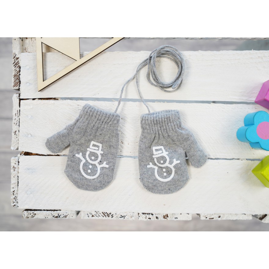 Szare RĘKAWICZKI ciepłe 1P na sznurku BAŁWANEK r. 56-86