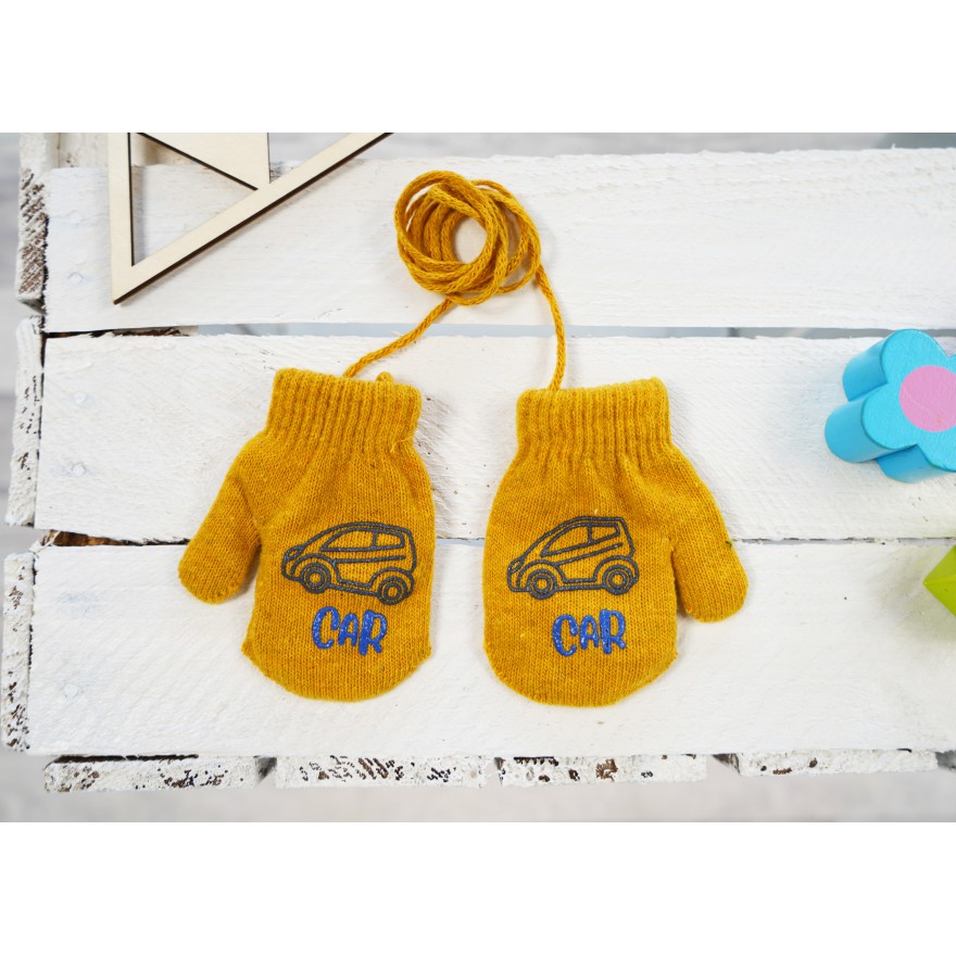 Musztardowe RĘKAWICZKI ciepłe 1P na sznurku CAR r. 56-86