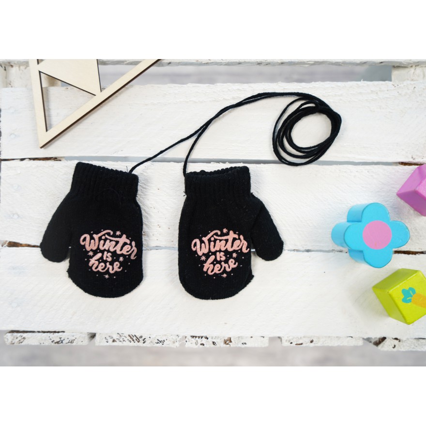 Czarne RĘKAWICZKI ciepłe 1P na sznurku WINTER r. 56-86