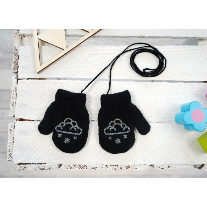 Czarne RĘKAWICZKI ciepłe 1P na sznurku CHMURKA r. 56-86