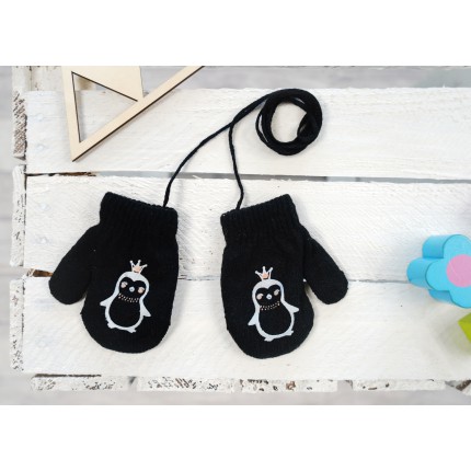 Czarne RĘKAWICZKI ciepłe 1P na sznurku PINGWINEK r. 56-86