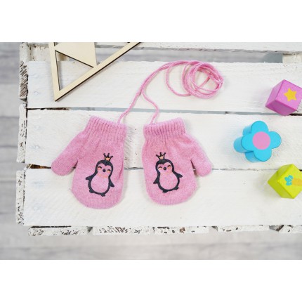 Różowe RĘKAWICZKI ciepłe 1P na sznurku PINGWINEK r. 56-86