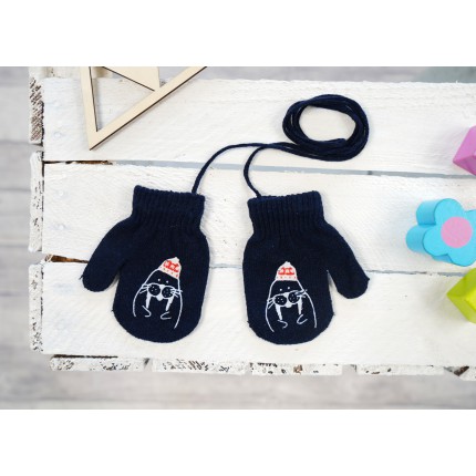 Granatowe RĘKAWICZKI 1P na sznurku MORS r. 56-86