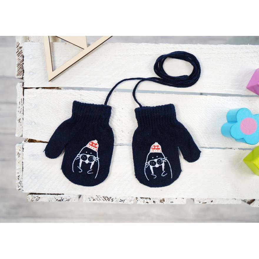 Granatowe RĘKAWICZKI 1P na sznurku MORS r. 56-86