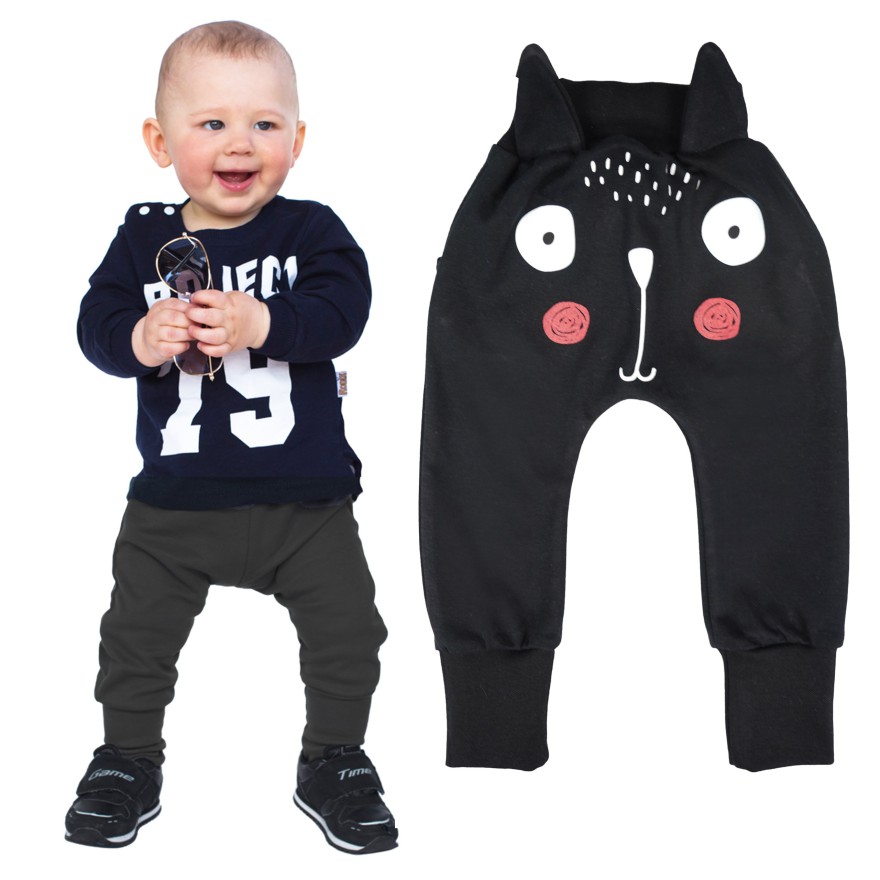 Czarne SPODNIE bawełniane KOT półśpiochy wiosna jesień