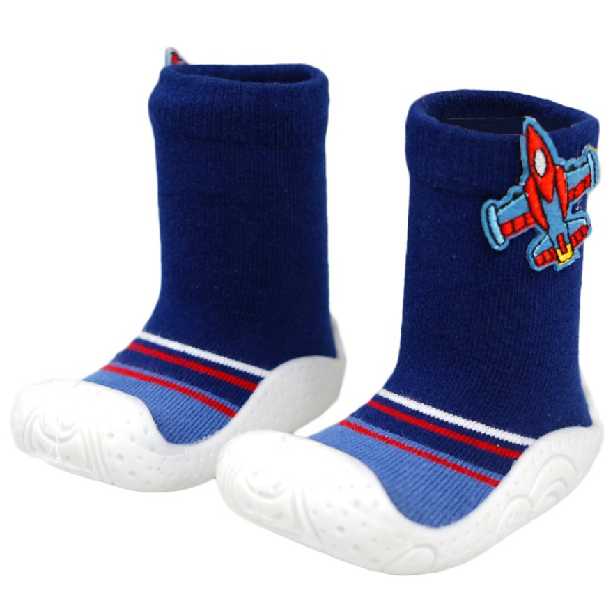 SKARPETY Z GUMOWĄ PODESZWĄ granatowe TRAMPKI z samolotem 3D