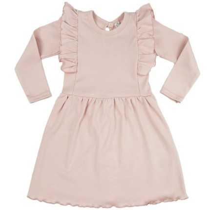 Pudrowy róż SUKIENKA gładka z falbanką długi rękaw