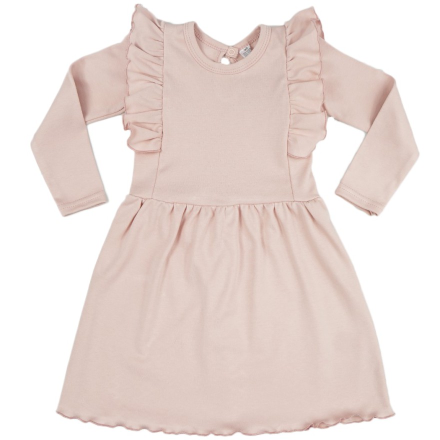 Pudrowy róż SUKIENKA gładka z falbanką długi rękaw