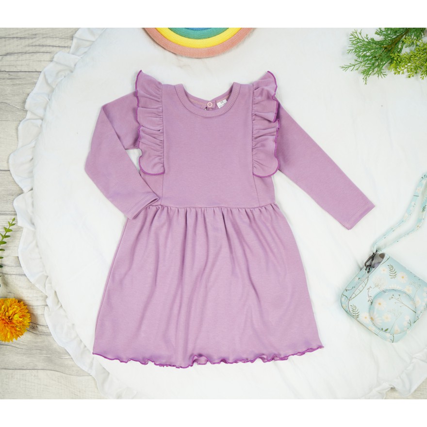 Wrzosowa SUKIENKA gładka z falbanką długi rękaw