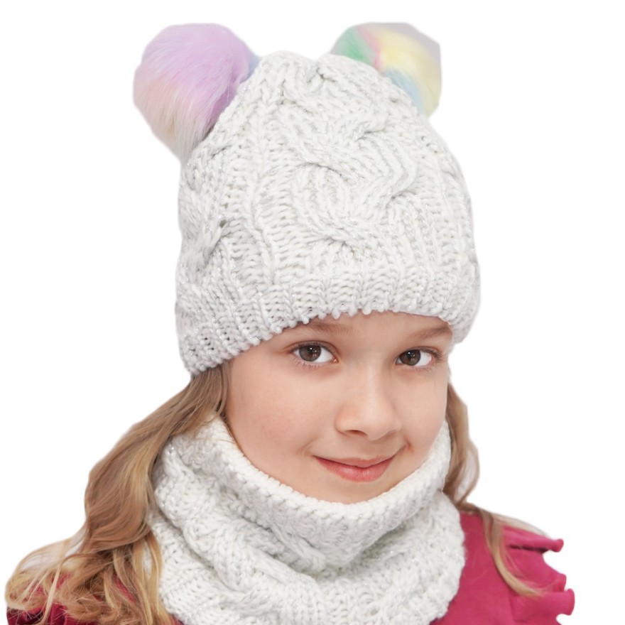 Zimowy komplet BLANKA czapka z tęczowymi pomponami + komin