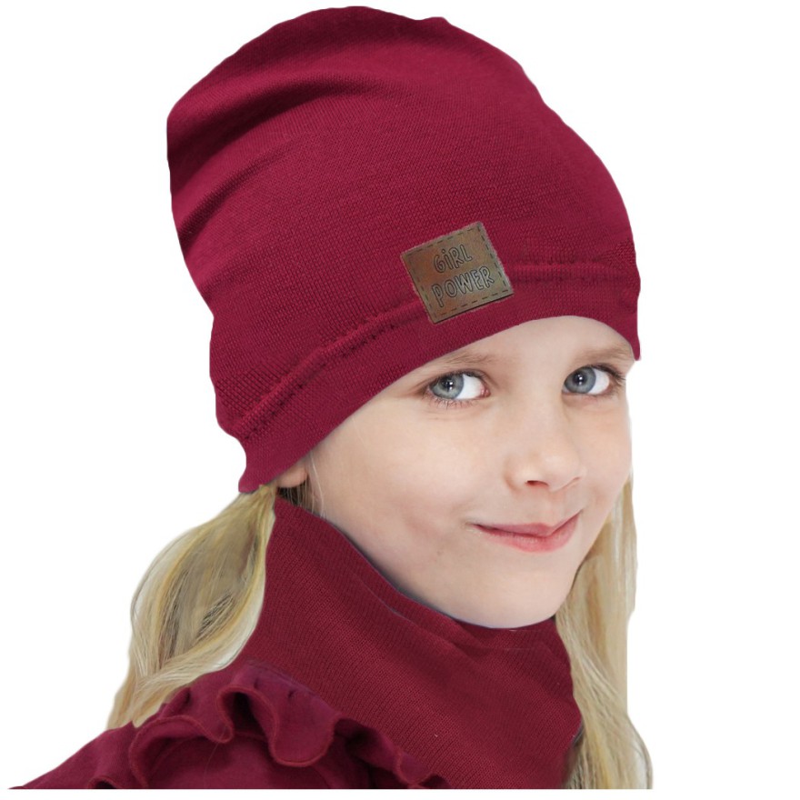 Bordowy komplet GIRL POWER czapka + komin wiosna/jesień