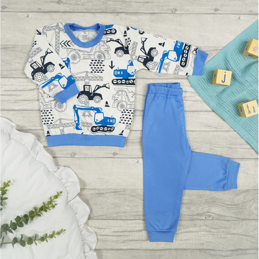 Niebieska PIŻAMA w koparki autka długi rękaw wzór 386n