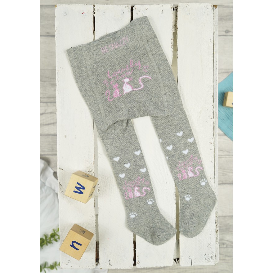 RAJSTOPY dziewczęce szare w serca i koty wzór 642