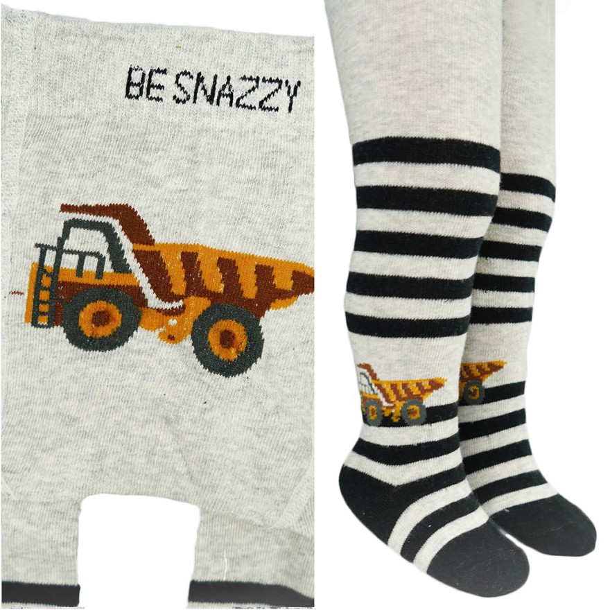 RAJSTOPY chłopięce szare w czarne paski z autem wzór 644