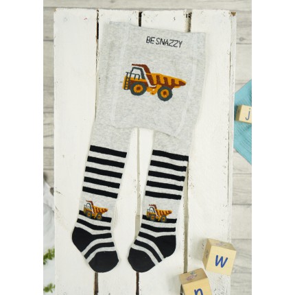 RAJSTOPY chłopięce szare w czarne paski z autem wzór 644