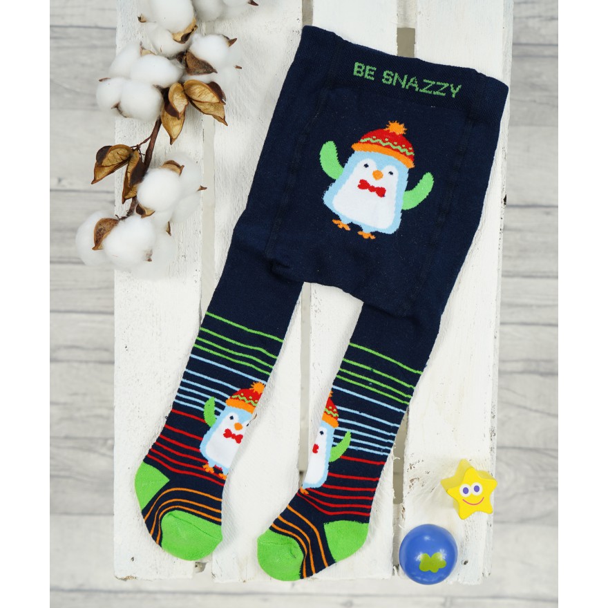 RAJSTOPY frotte GRUBE granatowe z pingwinem w czapce wzór 620