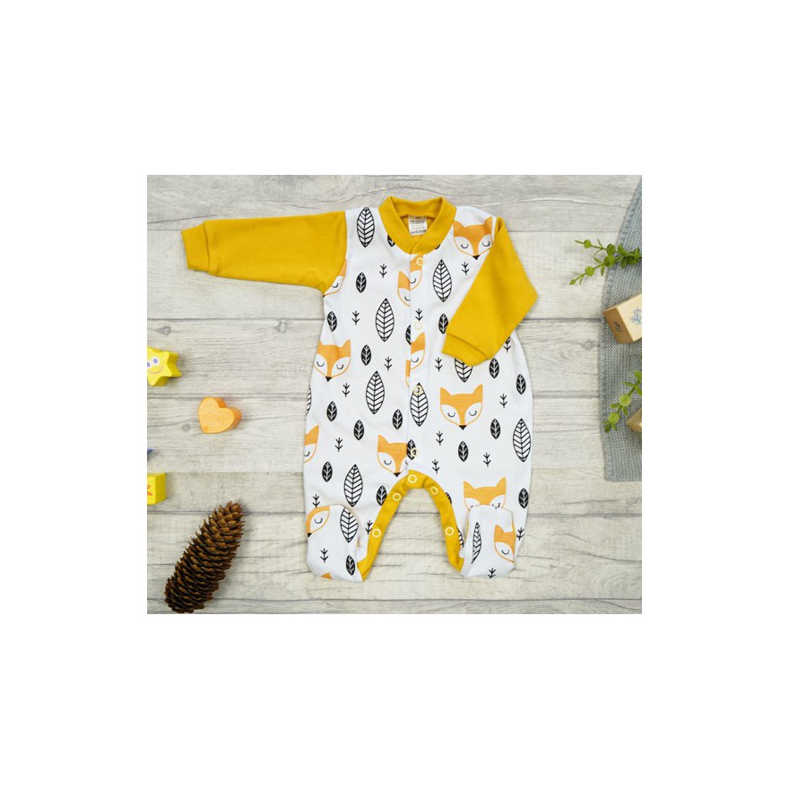 WCZEŚNIAK pajac pajacyk musztardowy w liski wzór 412