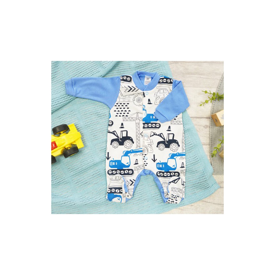 WCZEŚNIAK pajac pajacyk niebieski w koparki wzór 386n