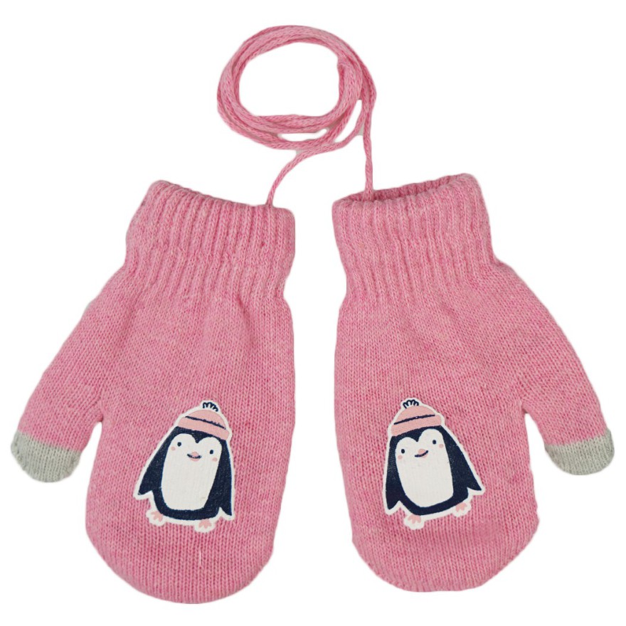 Różowe RĘKAWICZKI ciepłe 1P PINGWIN sznurek dotyk r. 110-134