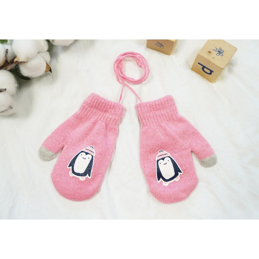 Różowe RĘKAWICZKI ciepłe 1P PINGWIN sznurek dotyk r. 110-134