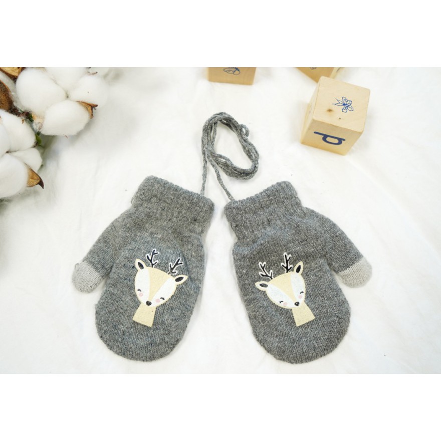 Szare RĘKAWICZKI ciepłe 1P JELONEK sznurek dotyk r. 110-134