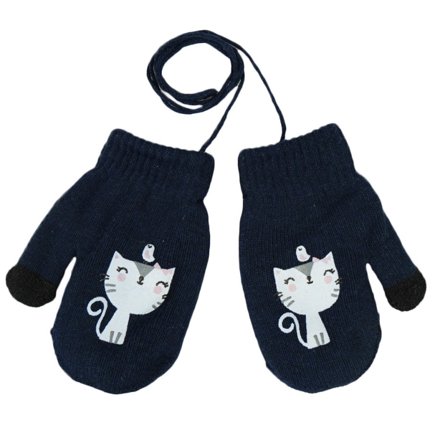 Granatowe RĘKAWICZKI ciepłe 1P KOT sznurek dotyk r. 110-134