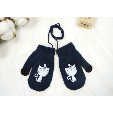 Granatowe RĘKAWICZKI ciepłe 1P KOT sznurek dotyk r. 110-134