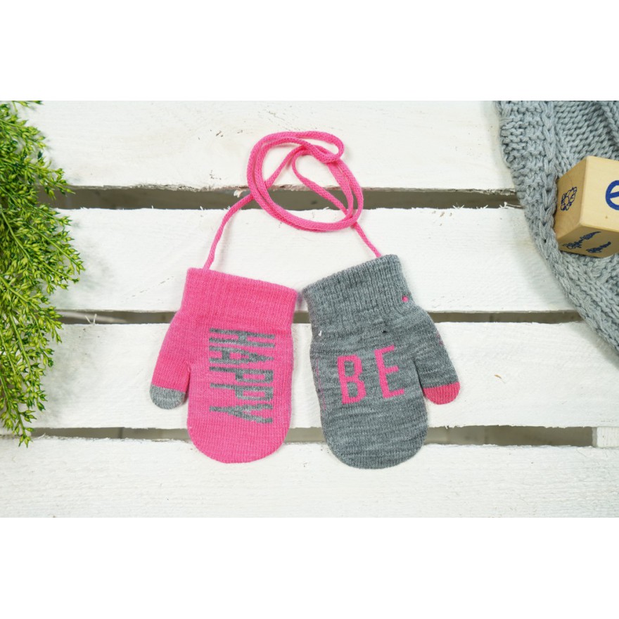 Amarantowo- grafitowe RĘKAWICZKI 1P sznurek BE HAPPY r. 98-134