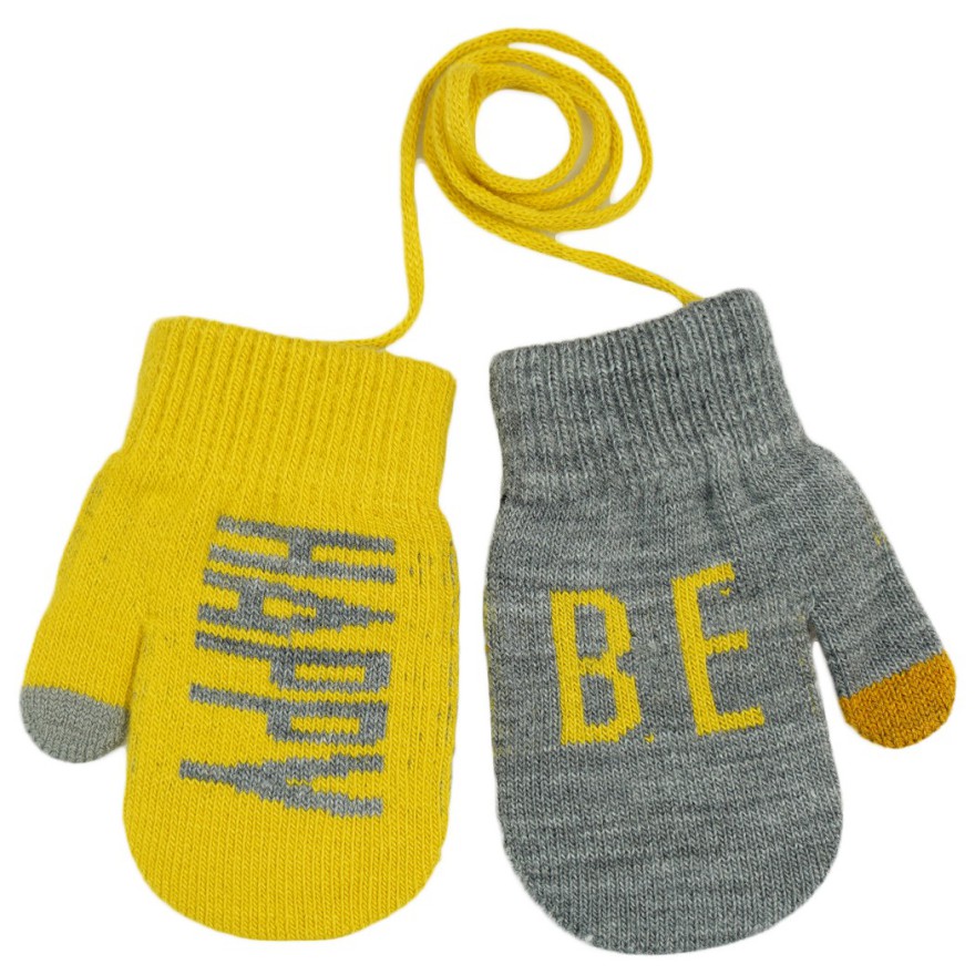Musztardowo- szare RĘKAWICZKI 1P sznurek BE HAPPY r. 98-134