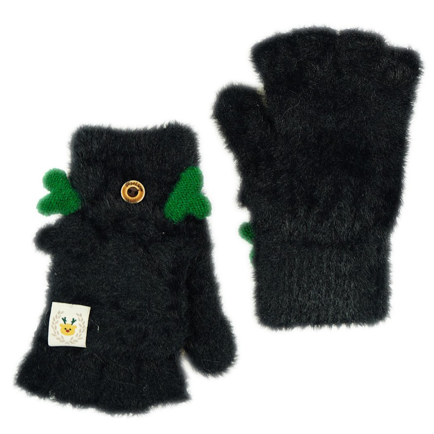 Czarne rękawiczki futerkowe RENIFERKI z kapturkiem r.116-164
