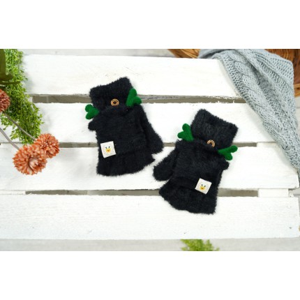 Czarne rękawiczki futerkowe RENIFERKI z kapturkiem r.116-164