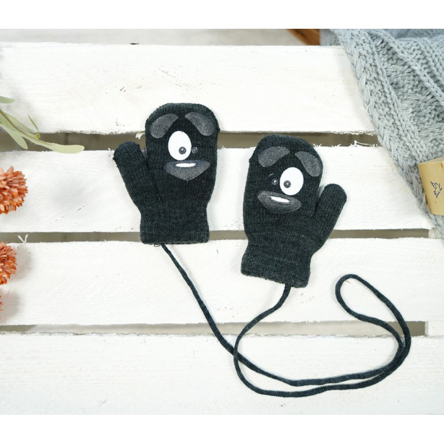 Grafitowe RĘKAWICZKI ciepłe 1P na sznurku PIES r. 98-104