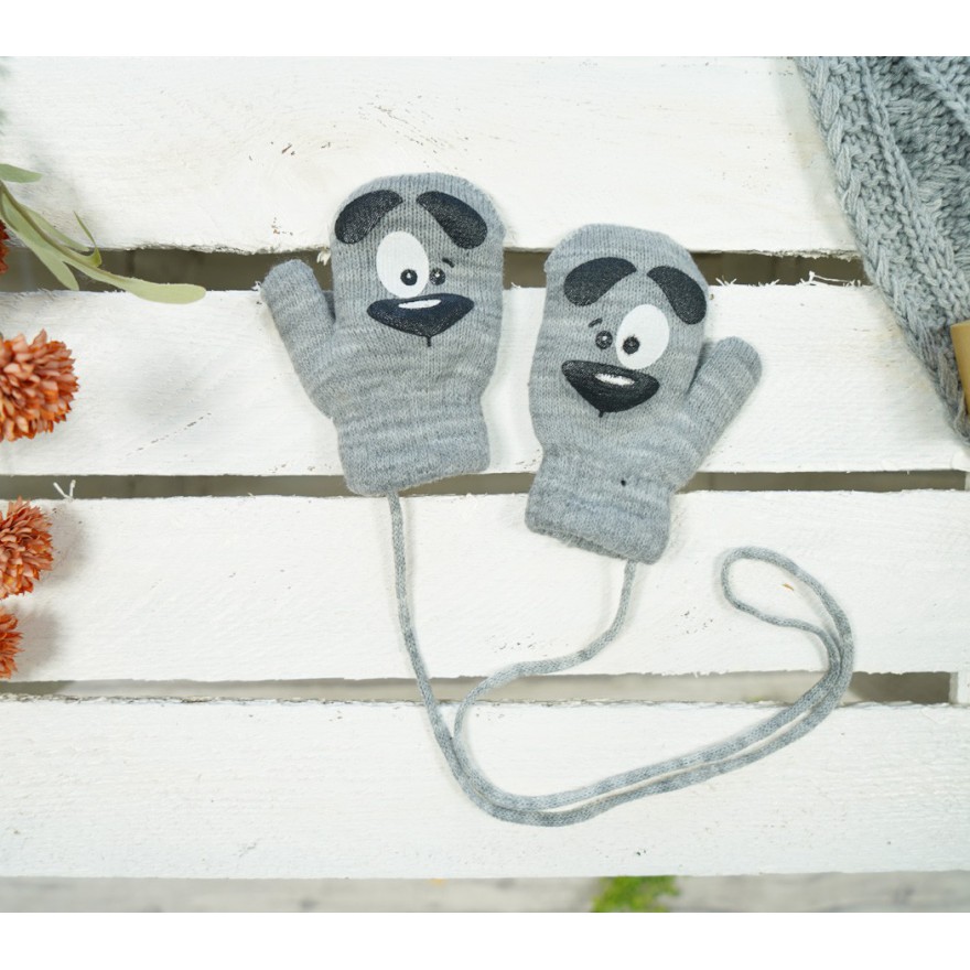 Szare RĘKAWICZKI ciepłe 1P na sznurku PIES r. 98-104