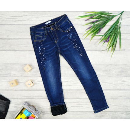 Jeansy granatowe ocieplane dżety na górze