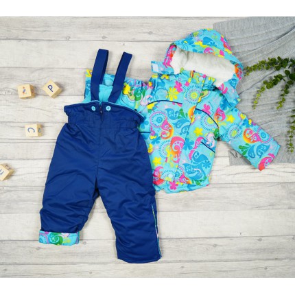 ZIMOWY KOMBINEZON dwuczęściowy BŁĘKIT KWIATY kurtka + spodnie