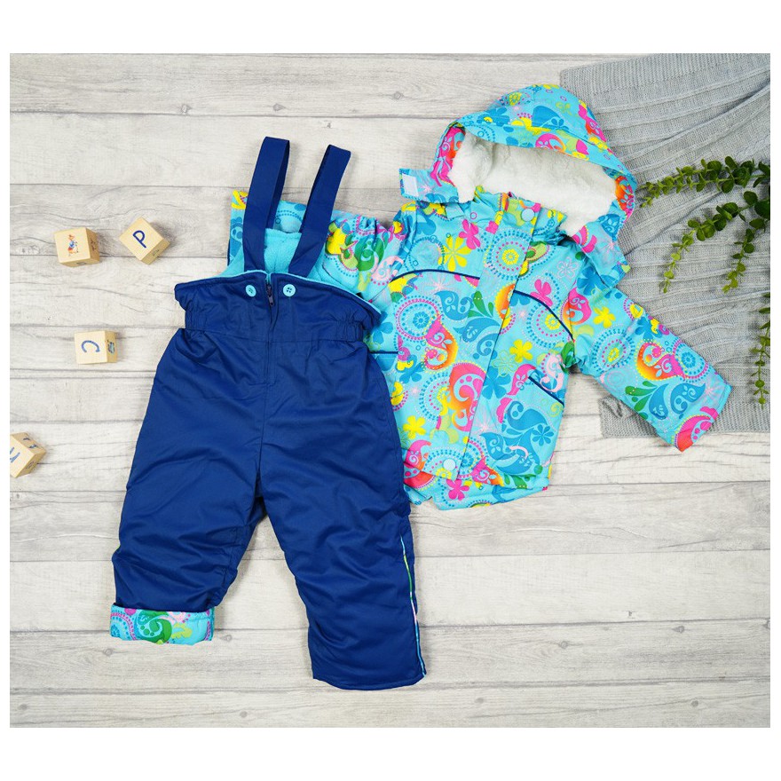 ZIMOWY KOMBINEZON dwuczęściowy BŁĘKIT KWIATY kurtka + spodnie