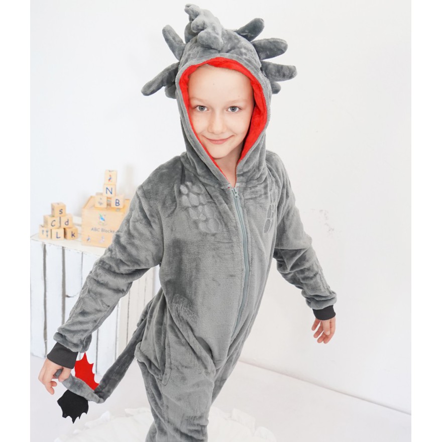 Szara PIŻAMA jednoczęściowa SMOK z ogonem i kapturem kigurumi
